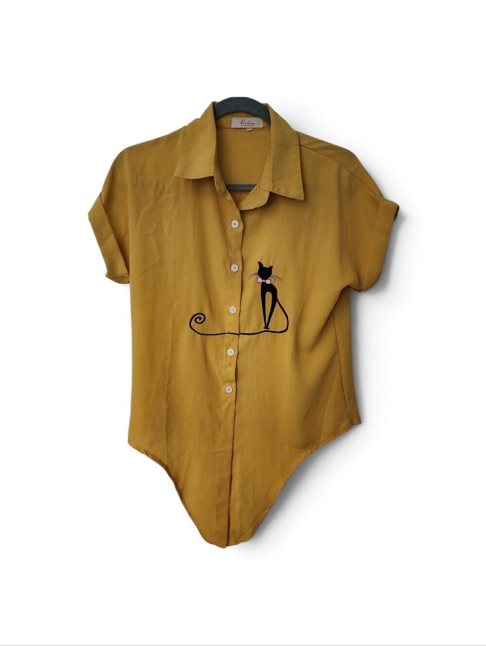 202. Roshop Women's Cat Design Yellow Button Up Short Sleeve Shirt With Ties